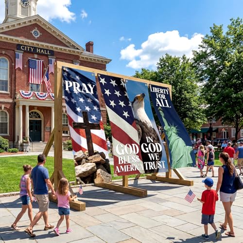 Hosuly 4 Pcs Independence Day Church Banners Patriotic Church Banners for Sanctuary Wall 4th of July Religious Praise Hanging Sign God Bless America for Holiday School Outside Indoor Patriotic Decor - size: 2 x 6 Feet, style: Patriotic