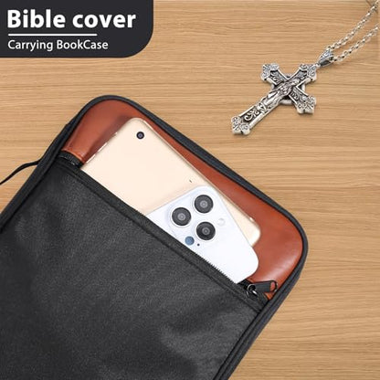 GERMUN Bible Cover with Durable Handle, Carrying Book Case Church Bag Bible, Protective with Zippered Pocket, Bible Accessories Supplies, Book Protector for Book Lovers, BlackBrown - color: Black&Brown