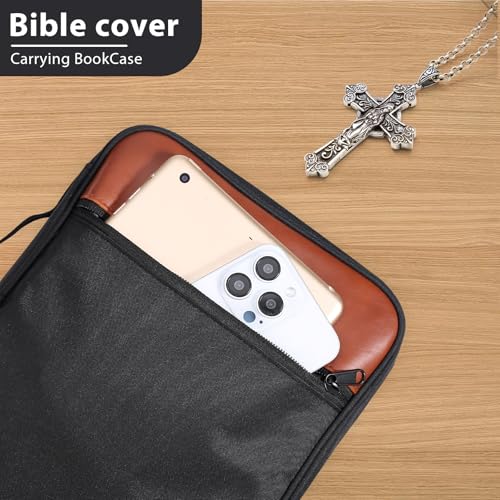 GERMUN Bible Cover with Durable Handle, Carrying Book Case Church Bag Bible, Protective with Zippered Pocket, Bible Accessories Supplies, Book Protector for Book Lovers, BlackBrown - color: Black&Brown