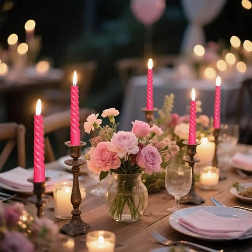 8 Pack 10 Inch Hot-Pink Spiral Taper Candle Set, 7/8 Inch Unscented Driples Candlesticks for Home Decoration Dinner Party, 6-7 Hours Burn - color: Hot-pink