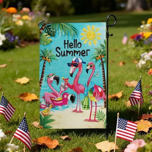 Hello Sunshine Flamingo Garden Flag Double Sided Burlap 12x18in - color: Blue Sunshine