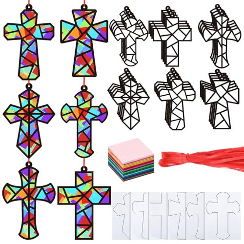 Sinload 24 Sets Religious Cross Crafts Sunday School Suncatcher Ornaments - style: Cross