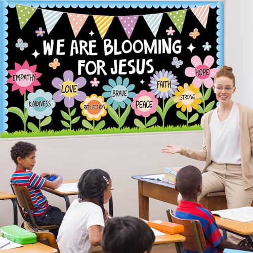 Religious Christian Bulletin Board Sets Sunday School Decoration for Classroom Church Positive Floral Bulletin Board We are Blooming for Jesus Paper Cutout for Back to School Christian Summer Decor