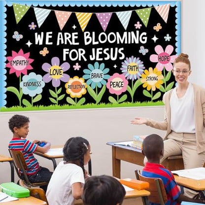 Religious Christian Bulletin Board Sets Sunday School Decoration for Classroom Church Positive Floral Bulletin Board We are Blooming for Jesus Paper Cutout for Back to School Christian Summer Decor