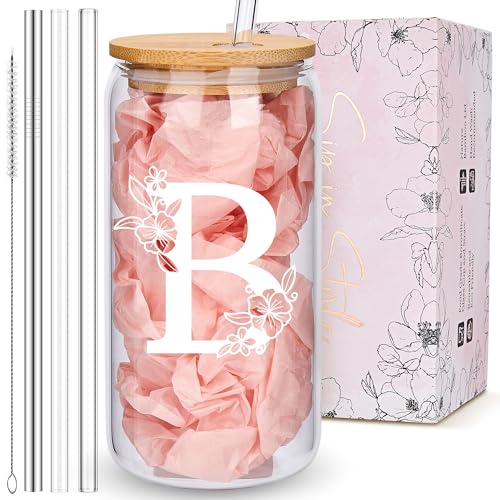 Personalized Tumbler, Monogrammed Can Glass Cups with Bamboo Lids and Straws, Customized Gifts for Women, Cute Design Initial Iced Coffee glasses, Custom Letter Mug, Birthday Bridesmaid, B - style: Monogram B