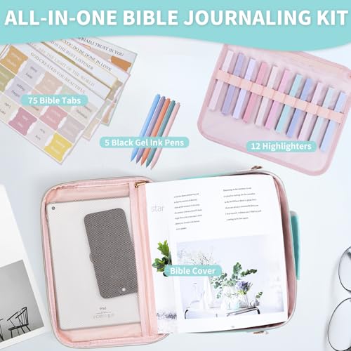 KOPKOFT Bible Cover Case for Women, Large Chenille Letter Leather Bible Case with Bible Study Accessories, Bible Study Supplies Bible Journaling Kit, Christmas Christian Gift for Women Girls - color: Light Blue