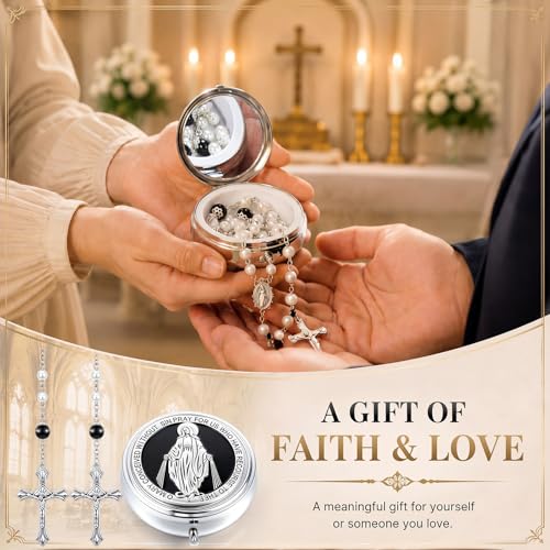 Jadive 24 sets Catholic Rosary Necklace, 6mm Glass Pearl Beads 8mm Our Father Bead Metal Gift Box for Women Men Prayer Gift - color: Silver