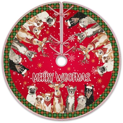 Red Christmas Dogs Tree Skirt, Cute Dogs Puppies Snowflake Tree Skirt, Xmas Red and Green Buffalo Plaid Animal Christmas Tree Mat Gifts for Dog Lovers Home Party Holiday Indoor Decor, 36 Inch - color: Dog-1