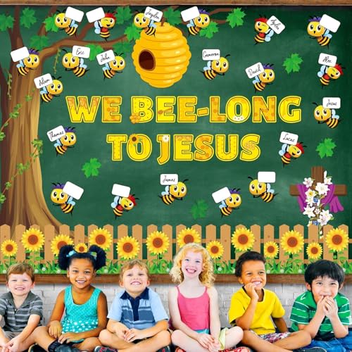 gisgfim Bee Bulletin Board Decoration Set Bee Jesus Religious Borders Cutouts for Classroom Door VBS Christian Sunday School Sunnmer Welcome Bulletin Board Craft Home Wall (We Bee-Long to Jesus) - style: We Bee Long To Jesus