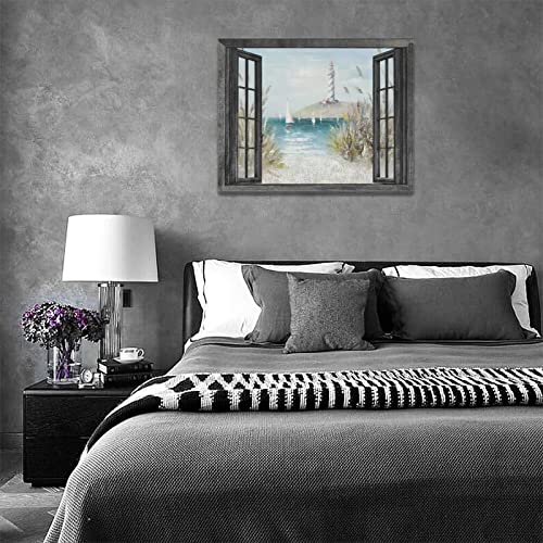Nautical Lighthouse Wall Art Coastal Beach Ocean Sailboat Bathroom Pictures Wall Decor 3d Window Canvas Prints Framed Modern Seascape Landscape Painting Artwork for Living Room Offic 16"x12" - color: Lighthouse-6, size: 16"L x 12"W