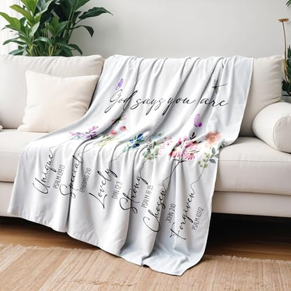 God Says I Am Christian Blanket, Christian Gifts for Women Faith, Bible Verse Floral Blanket for Bedroom Living Room Couch Sofa, 50x60 Inches - color: White, Purple
