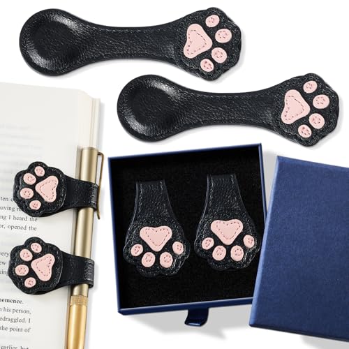 Ovesmusl 2Pcs PU Leather Paw Magnetic Bookmarks with Pen Holder - style: Paw (Black+Black)