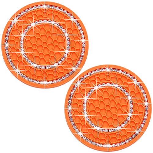 2PCS Bling Crystal Rhinestone Cup Holder Coaster, 2.75 inch Soft Silicone Anti-Slip Shockproof, Car Cup Holder Insert Coasters, Universal Car Interior Accessories for Women (Colorful & White) - color: Orange & White, size: 2 pcs