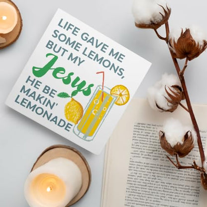 Christian Desk Decor Sign, Italy Italian Lemon Home Office Religious Decor Scripture Bible Verse Desk Decoration Christian Christening Baptism Gifts for Women Men, Jesus He Be makin' Lemonade