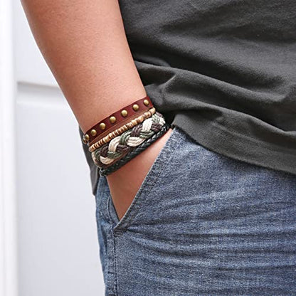 HZMAN Handmade Hemp Cords Wood Beads Leather Bracelets for Men Women - style: Cross Braided