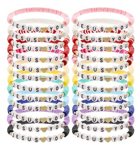 24Pcs Jesus Loves You Bracelets Bulk Handmade Clay Beads Bible Verse Bracelets Christian Friendship Jewelry Christmas Easter Gifts for Women Teen - color: Jesus 24-2