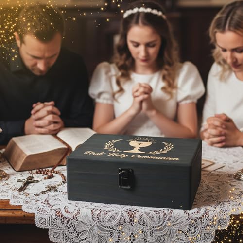 R HORSE First Communion Keepsake Box - Wooden Engraved Baptism Memory Box Gift for Boy Girl, First Holy Communion Gift for Kids Christian Religious Keepsake Organizer for Jewelry Memento Photo Storage - style: First Communion