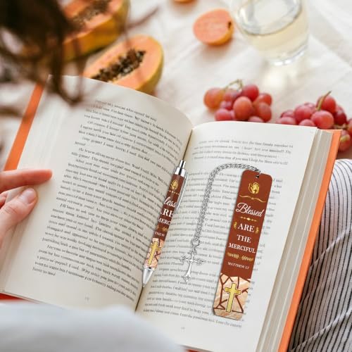 Bible Verse Metal Bookmark Pen Set, Christian Scripture Marker for Women - style: Religious Brown