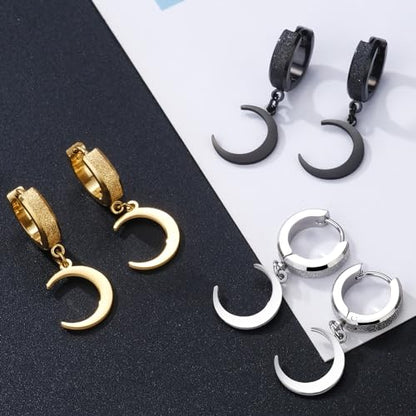 Men Women Stainless Steel Cross Earrings Set Dangle Hinged Earrings of Dangle Hinged Earrings Cross hoop Earrings - color: 3 Pairs Moon Earrings (Black+Silver+Gold)