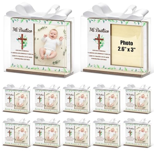 CJiangpo Spanish Baptism Picture Frame - 12 Set Catholic Mi Bautizo Gifts for Baby, Baby Shower Favor Cross Wood Photo Frame with Bows and Clear Plastic Boxes Religious First Communion keepsake - color: Eucalyptus Leaf