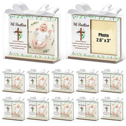 CJiangpo Spanish Baptism Picture Frame - 12 Set Catholic Mi Bautizo Gifts for Baby, Baby Shower Favor Cross Wood Photo Frame with Bows and Clear Plastic Boxes Religious First Communion keepsake - color: Eucalyptus Leaf