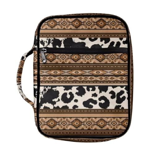 Coldinair Tribal Aztec Bible Covers for Women Men,Native Geometric Carrying Book Bible Case Cow Print Church Bag Bible Protective with Handle & Zippered Pocket - color: Tribal Aztec Geometric Cow Print