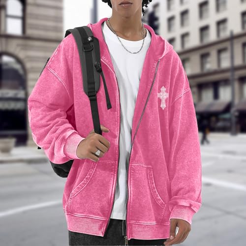 Vintage Goth Punk Zip Up Hoodies for Men Grunge Streetwear Oversized Gothic Cross Graphic Acid Wash Sweatshirt Tops - color: Pink, size: Small