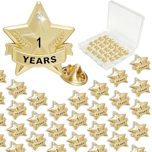 Years of Service Pins, Gold Star Pin for 1-30 Year Work Anniversary, Long Standing Employee Recognition Award Star Pins for Staff, Team & Volunteers - style: 1 Year