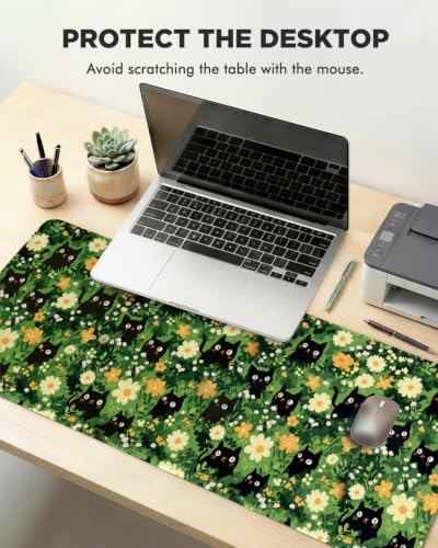 Mouse Pad, Desk Mat, 31.5x11.8in Large Mousepad - color: Grassland Black Cat