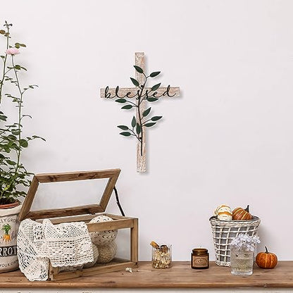 NIKKY HOME Wall Cross, Rustic Wooden Cross With Metal Leaves - color: Blessed