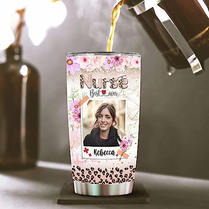 WAZONE Personalized Nurse Tumbler With Photo Picture Leopard Style Insulated Cup 20oz 30oz Stainless Steel Travel Mug Customized Registered Nurses Women Girls Appreciation Week Nursing Gifts - color: Nurse