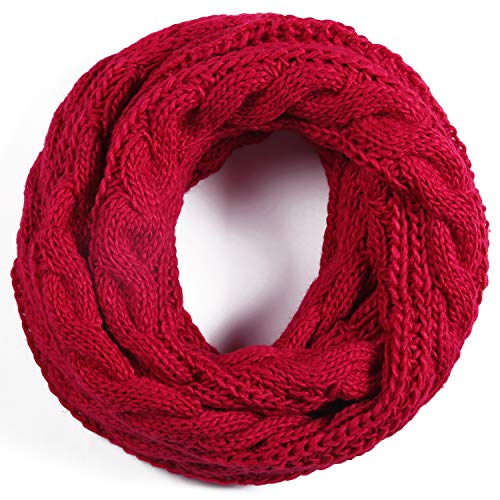 Winter Women Thick Cable Knit Ribbed Infinity Circle Loop Scarf - color: 12- Red