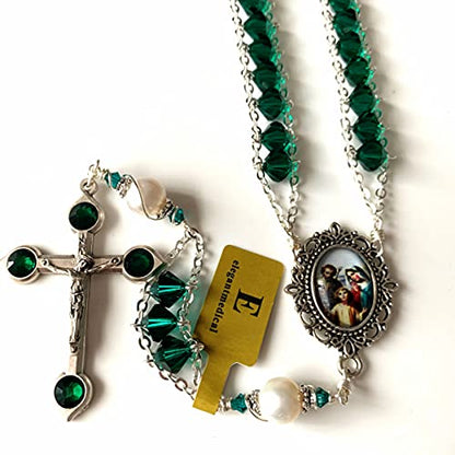 elegantmedical Ladder to Heaven Green Crystal & AAA10MM Pearl Beads Catholic Rosary Cross crucifix Necklace gift