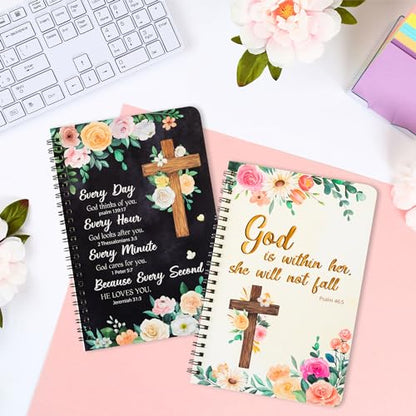 Xqumoi 2Pack A5 Floral Cross Religious Spiral Notebooks, She Will Not Fall Bible Verse Ruled Journal Writing Hardcover Notebooks Christian Christmas Gift Sunday School Office Supplies - style: A-Floral Cross