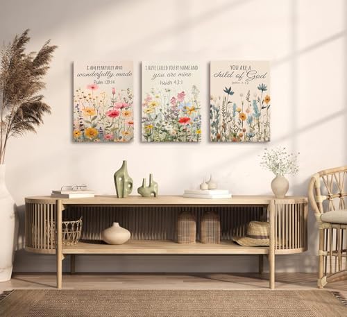 3Pcs Christian Floral Scripture Canvas Wall Art, Wildflower Bible Verse Posters Wall Decor, Psalm Religious Faith Art Pictures Prints for Living Room Bedroom Decorations 12x16in Framed - color: Flower canvas, size: 16L"x12W"