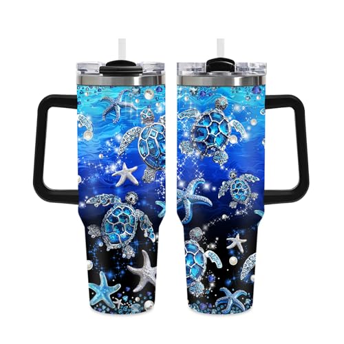 Jekeno 40oz Jewel Sea Turtle Tumbler with Straw, Ocean Turtle Gifts for Women Girls, Blue Diamond Stainless Steel Insulated Travel Coffee Mug with Handle for Moms Sister Bestie Birthday Anniversary - color: Sea Turtle-D-178