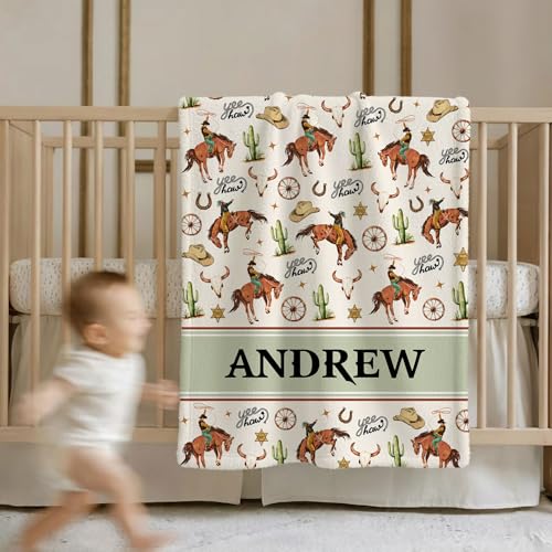 Personalized Cowboy Baby Blanket, Cute Farm Cow Western Pattern Design, Custom Name Toddler Kids Blanket Throw, Rustic Nursery Decor - color: Cowboy Blanket#1