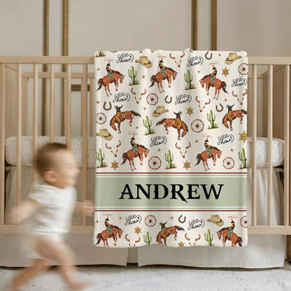 Personalized Cowboy Baby Blanket, Cute Farm Cow Western Pattern Design, Custom Name Toddler Kids Blanket Throw, Rustic Nursery Decor - color: Cowboy Blanket#1