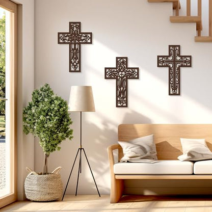 Bnesi 3 Pcs Wooden Cross Wall Decor, Carved Religious Crosses for Wall