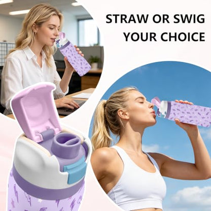 Purple 32oz Insulated Water Bottle, Women Gift, Handle and 2-in-1 Lid, 1PCS - color: Lightning-Purple
