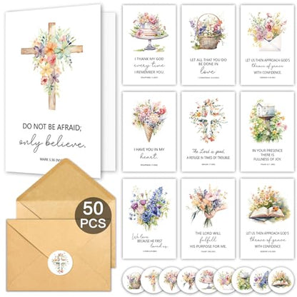 50 Pack Religious Thinking of You Cards with Envelopes & Stickers - color: Green, purple, pink, red