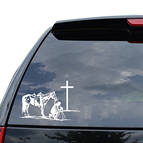 DiamondCutStickerz Cowboy Horse Praying Knees Cross Decal Sticker Car Truck Motorcycle Window Bumper Laptop Wall Decor - Size (11 Inch / 28 Cm Wide) - Color White (Glossy Finish) - color: Gloss White, size: (11 in / 28 cm) Wide