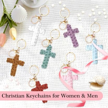Knit Cross keychain Christian Gifts for Women Men Religious Gifts Bohe Backpack Charms Christian Keychain - color: Brown