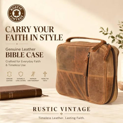 11 x 8 inch Genuine Leather Bible Cover for Men & Bible Case Women Organizer with Handle & Pocket Pen Holder Christian Religious Gift Cross Bookmark Bible Carrying Bag for Church Camel - color: Yellow Camel