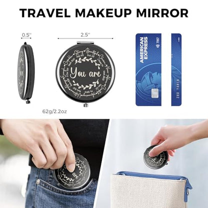 KNIN Christian Compact Mirror for Women Stocking Stuffers Black Folding Makeup Mirror with Engraved Inspirational Bible Verses, Faith-Based Gift for Religious Women, Girls, Church Events