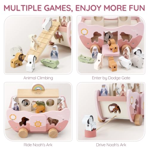 Joyreal Pink Wooden Noah's Ark Toy for 1 Year Old Baby Girl Baptism Gifts - color: Pink