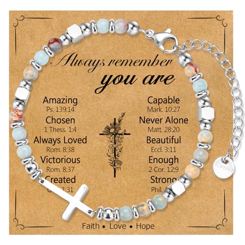 Christian Cross Bracelet for Women Girls, Adjustable Stainless Steel Beaded Cross Bracelets, First Communion Confirmation Easter Religious Bapstim Natural Gemstone Jesus Bracelet Gifts for Her - style: You Are Amazing