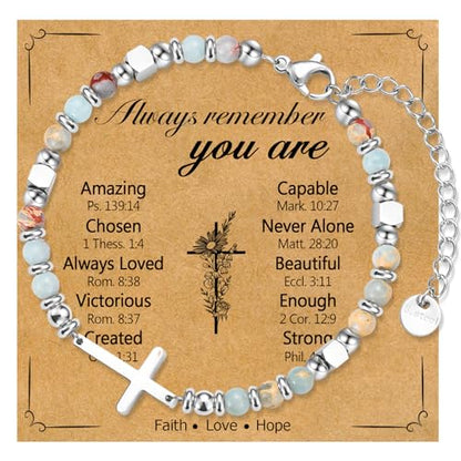 Christian Cross Bracelet for Women Girls, Adjustable Stainless Steel Beaded Cross Bracelets, First Communion Confirmation Easter Religious Bapstim Natural Gemstone Jesus Bracelet Gifts for Her - style: You Are Amazing