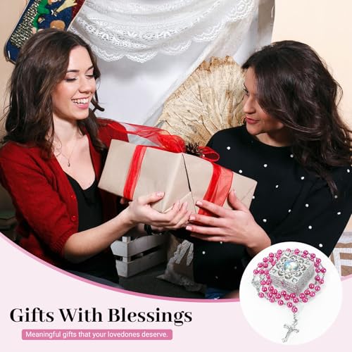 Rose Red Pearl-Style Rosary Necklace with Metal Gift Box, 8mm, 22 Inch - color: Rose