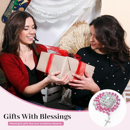 Rose Red Pearl-Style Rosary Necklace with Metal Gift Box, 8mm, 22 Inch - color: Rose